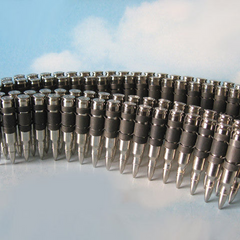 80's Metal 5.56 Nickel tipped Nickel bullet and black link belt.