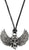 A silver pewter pendant featuring a winged skull design, attached to a black waxed cord.