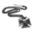 A silver and black colored cross pendant with a skull design in the center, attached to a metal neck chain.