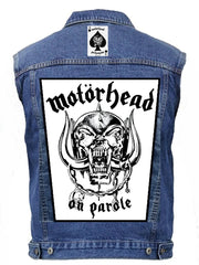 A denim battlejacket with ripped arm holes and large 'Motorhead' back patch