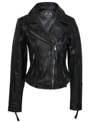 A black leather jacket with fold back lapels, shoulder, arm and lower back diamond stitch quilting, silver metal YKK zips, and zip cuffs.