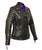 A black leather jacket with a high collar, featuring diamond stitching on the shoulders and back, strip padding on the arms, leather accordion panels on the sides, and multiple pockets including a zippered chest pocket and waist adjusters. The interior is lined with a purple satin effect fabric.