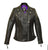 A black leather jacket with a high collar, featuring diamond stitching on the shoulders and back, strip padding on the arms, leather accordion panels on the sides, and multiple pockets including a zippered chest pocket and waist adjusters. The interior is lined with a purple satin effect fabric.