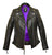 A black leather jacket with a high collar, featuring diamond stitching on the shoulders and back, strip padding on the arms, leather accordion panels on the sides, and multiple pockets including a zippered chest pocket and waist adjusters. The interior is lined with a purple satin effect fabric.