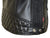 Close up of the side waist adjuster on a black leather jacket with a high collar, featuring diamond stitching on the shoulders and back, strip padding on the arms, leather accordion panels on the sides, and multiple pockets including a zippered chest pocket and waist adjusters. The interior is lined with a purple satin effect fabric.