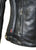 Close up of the side pocket on a black leather jacket with a high collar, featuring diamond stitching on the shoulders and back, strip padding on the arms, leather accordion panels on the sides, and multiple pockets including a zippered chest pocket and waist adjusters. The interior is lined with a purple satin effect fabric.