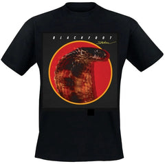 An 80's metal black t shirt with a Blackfoot Strikes design on the front