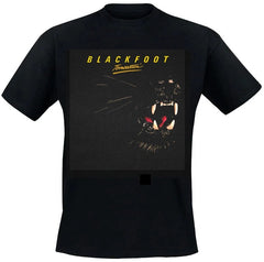 An 80's metal black t shirt with a Blackfoot Tomcattin' design on the front