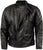 A black leather jacket with a classic mandarin collar, padded elbows and shoulders, multiple pockets, and a quilted black satin effect lining.