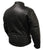 A black leather jacket with a classic mandarin collar, padded elbows and shoulders, multiple pockets, and a quilted black satin effect lining.