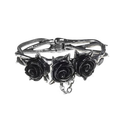 A silver pewter bracelet featuring three black roses on a ring of twisted thorns.