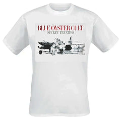 An 80's metal white t shirt with a Blue Oyster Cult Secret Treaties design on the front