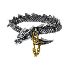 A silver pewter bracelet in the shape of a dragon.