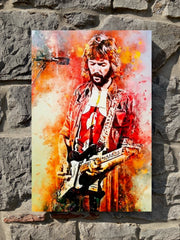 80's Metal canvas print featuring a colorful artistic portrayal of Eric Clapton in full flight, styled in a classic 80's rock aesthetic.