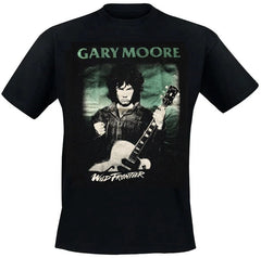 An 80's metal black t shirt with a Gary Moore Wild Frontier design on the front