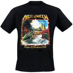 An 80's metal black t shirt with a Helloween Keeper Of The Seven Keys design on the front