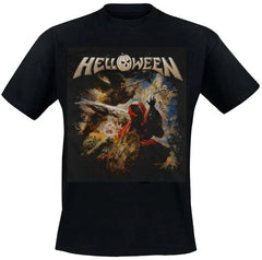 An 80's metal black t shirt with a Helloween design on the front