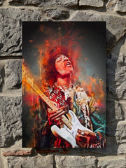 80's Metal canvas print featuring a colorful artistic portrayal of Jimi Hendrix in full flight, styled in a classic 80's heavy metal aesthetic.