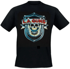 An 80's metal black t shirt with a L.A. Guns design on the front