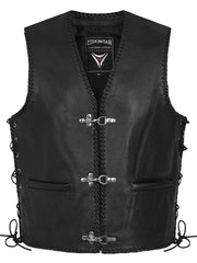 A black leather waistcoat with metal clasp fastenings and adjustable side lacing, custom stitching and multiple pockets.