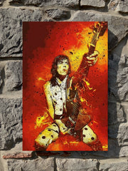 80's Metal canvas print featuring a colorful artistic portrayal of Pete Way in full flight, styled in a classic 80's heavy metal aesthetic.