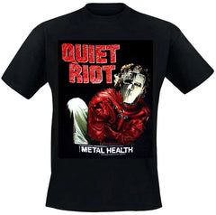 An 80's metal black t shirt with a rock bands design on the front