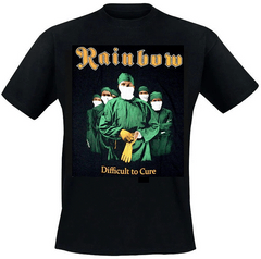 An 80's metal black t shirt with a rock bands design on the front