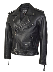 A black leather jacket with a wide traditional collar, epaulets, zipped cuffs, and an adjustable waist belt, featuring high quality YKK zips and a satin effect lining.