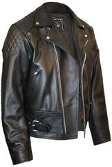 A black leather jacket with 'Diamond' padded stitching across the shoulders and on the elbows, multiple pockets, high quality YKK zips, adjustable side belts, zipped cuffs, and a quilted black satin effect lining.