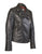 A black leather jacket with padded diamond stitching across the shoulders and lower back, featuring zipped cuffs and a high collar.