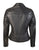 A black leather jacket with padded diamond stitching across the shoulders and lower back, featuring zipped cuffs and a high collar.