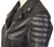 Close up of the shoulder padding on a black leather jacket with padded diamond stitching across the shoulders and lower back, featuring zipped cuffs and a high collar.