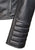 Close up of the cuff on a black leather jacket with padded diamond stitching across the shoulders and lower back, featuring zipped cuffs and a high collar.