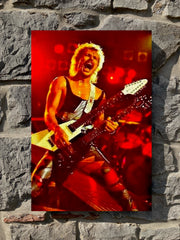 80's Metal canvas print featuring a colorful artistic portrayal of Rudolf Schenker in full flight, styled in a classic 80's heavy metal aesthetic.
