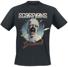 Black t-shirt with Scorpions 'Blackout' graphic design on a white background