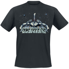 Black t-shirt with Scorpions logo on a white background
