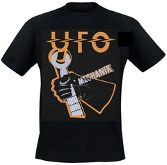 An 80's metal black t shirt with a UFO Mechanix design on the front