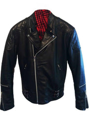 An 80's Metal 'Blade' black leather jacket with a mandarin collar, shoulder and elbow padding, silver metal zippers and a red quilted lining.
