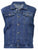 A blue denim cut-off battle-jacket featuring ripped & stitched arm holes, chest and side pockets and a collared neckline.
