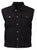 A black denim cut-off battle-jacket featuring ripped & stitched arm holes, chest and side pockets and a collared neckline.