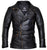 A black leather coat with a wide traditional collar, zipped pockets and cuffs, an adjustable waist belt, high quality YKK zips and a black satin effect lining.