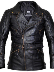 A black leather coat with a wide traditional collar, zipped pockets and cuffs, an adjustable waist belt, high quality YKK zips and a black satin effect lining.