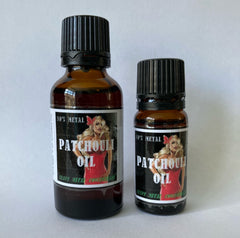 Two bottles of 80's Metal Heavy Metal Patchouli Oil, one 10ml and one 30ml, with black caps and labels.