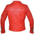 A red leather motorcycle jacket with a standing collar, YKK nickel zips, padded stitching on the shoulders and elbows, nickel buckled side adjusters and zipped cuffs.