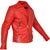 A red leather motorcycle jacket with a standing collar, YKK nickel zips, padded stitching on the shoulders and elbows, nickel buckled side adjusters and zipped cuffs.