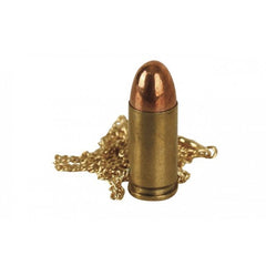 An 80's Metal brass cased 9mm copper tipped pistol bullet attached to a neck chain.