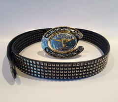 An 80's Glam small studded 'Urban Outlaw' black belt, featuring a shiny gold and silver two-tone buckle with a longhorn center-piece.