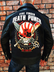A metalworks leather jacket featuring Five Finger Death Punch 'Got Your Six' on the back, with epaulets, multiple pockets, adjustable belt and high quality zips.  