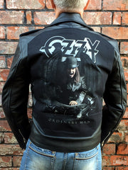 A metalworks leather jacket featuring Ozzy Osbourne 'Ordinary Man' on the back, with epaulets, multiple pockets, adjustable belt and high quality zips.  