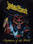 A close up of the rear image on a metalworks leather jacket featuring Judas Priest 'Defenders Of The Faith' on the back, with epaulets, multiple pockets, adjustable belt and high quality zips.  